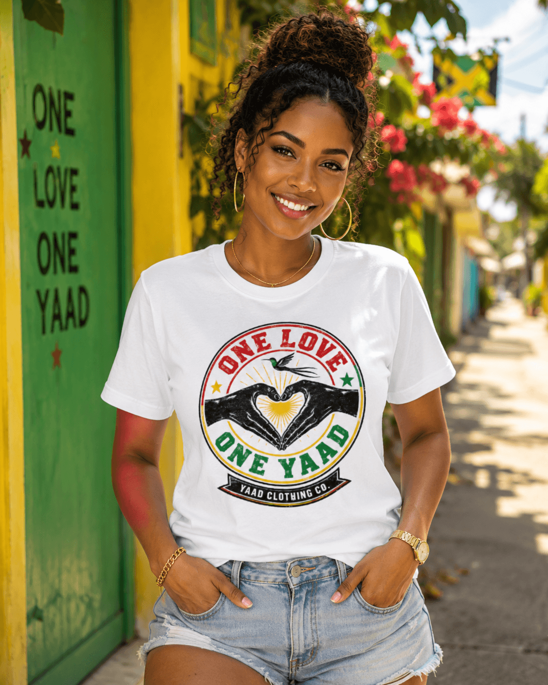 One Love One Yaad tee — green door